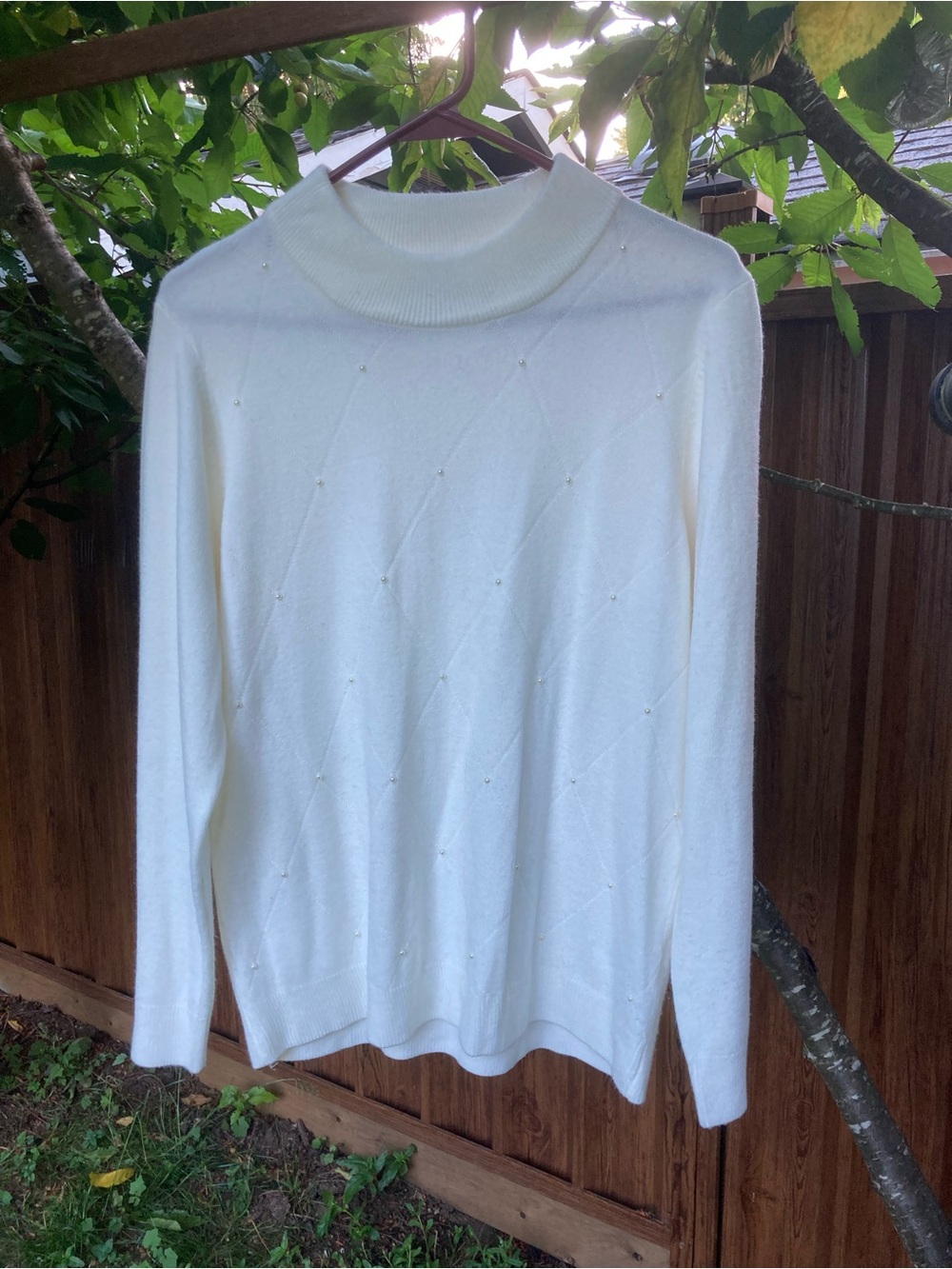 Allison Daley Cream Mock Neck Sweater with Pearl Stud Detail
